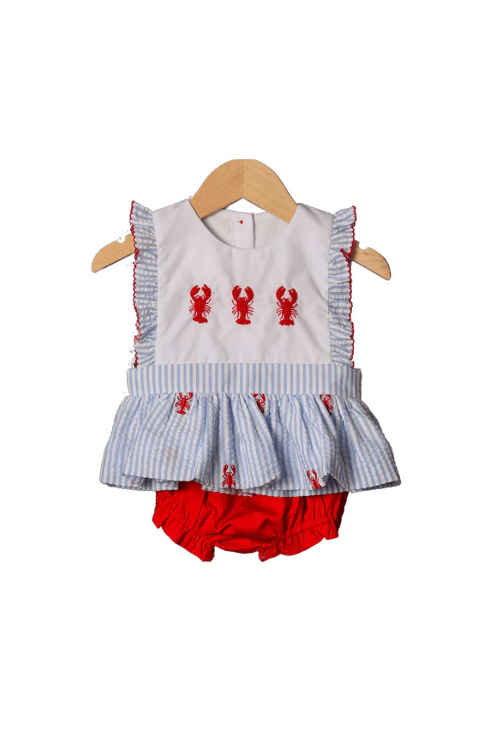 French Knot/Embroidered Lobster Blue Seersucker Bloomer Set | The Smocked Flamingo