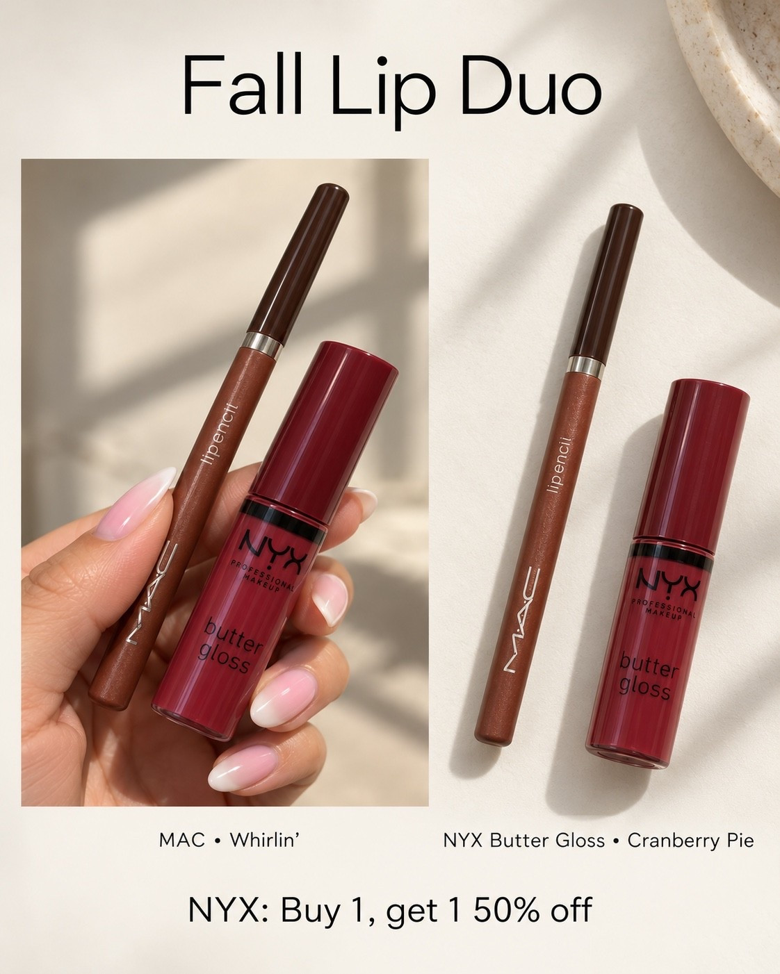 My fall duo has always been my NYX lip gloss - not sticky at all 
This lip liner is so great for mature skin and lips- it glides on and stays forever!  
It’s BOGO 1/2 off NYX 

@ulta @ultabeauty

#LTKOver40 #LTKSaleAlert #LTKBeauty