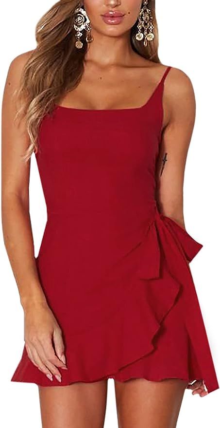 Relipop Women's Dress Spaghetti Strap Waist Tie Knot Wrap Front Ruffle Hem Short Dress | Amazon (US)