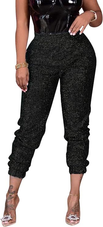 nqgsntc Women Casual Sequin Sparkle Glitter High Waist Pencil Pants Trousers Clubwear | Amazon (US)