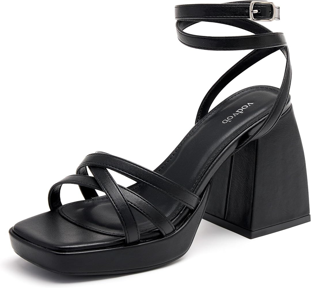vodvob Platform Strappy Heels Square Open Toe Lace Up Ankle Strap Chunky Block Heels for Party We... | Amazon (US)