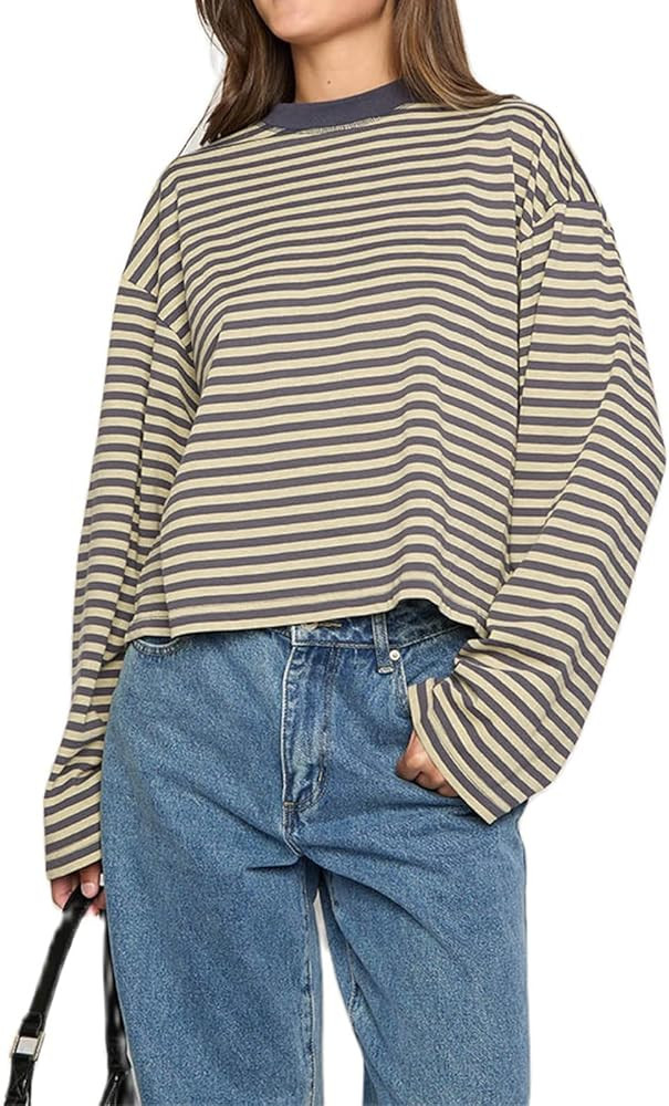 Women Y2k Long Sleeve Fairy Grunge Striped Baggy Tees Shirts 2000s Emo Aesthetic Sweater Crop Top... | Amazon (US)