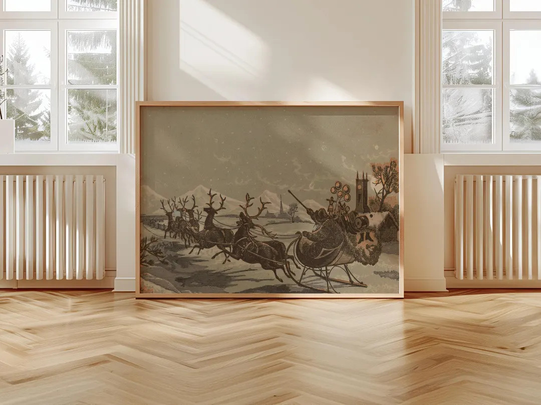 Vintage Santa and Reindeer Wall Art – Antique Christmas Sleigh Ride Print – Classic Holiday S... | Etsy (US)