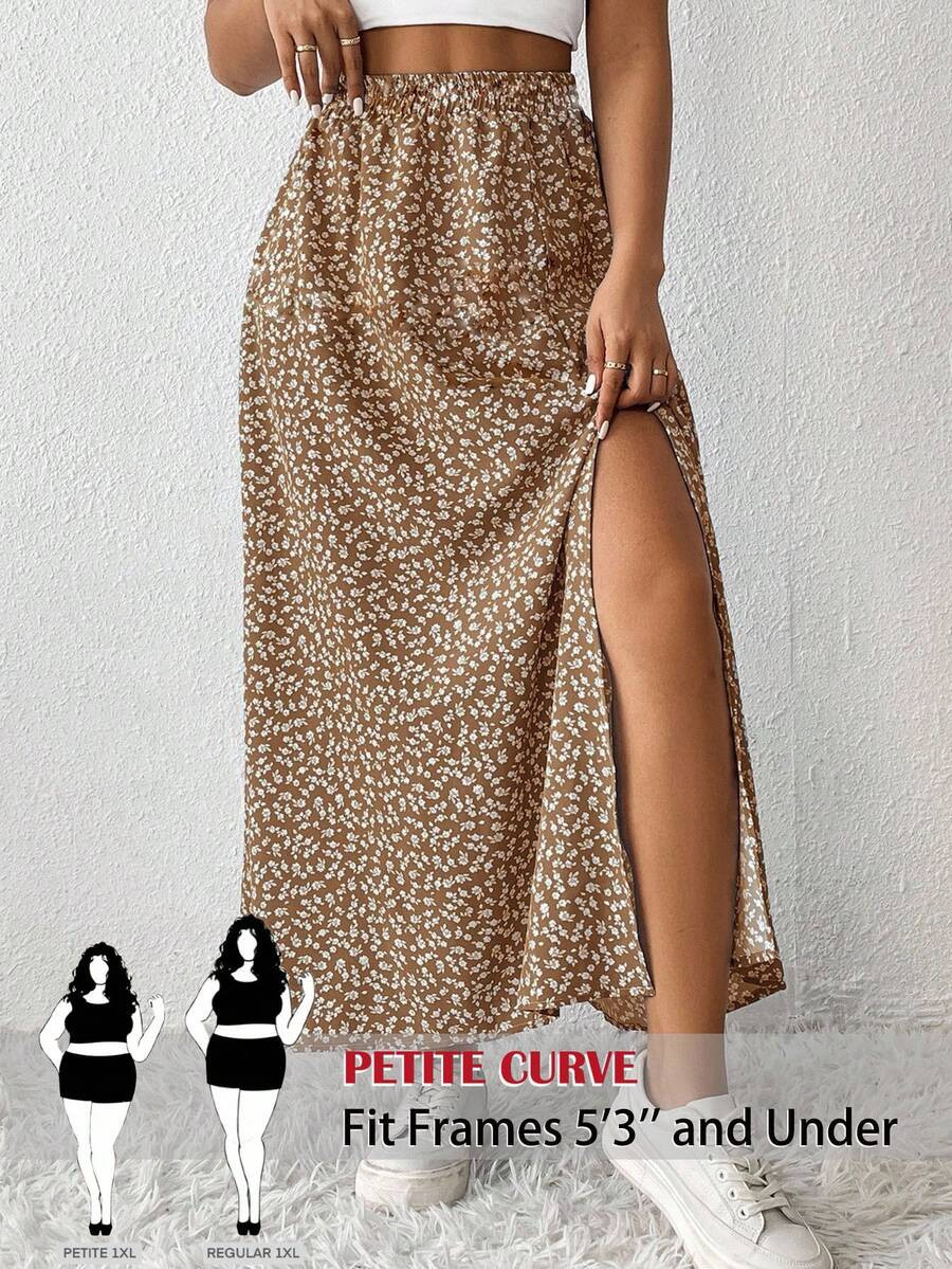 SHEIN PETITE CURVE Plus Size Ditsy Floral Elastic Waist Slit Casual Summer Skirt Long Floral Skir... | SHEIN