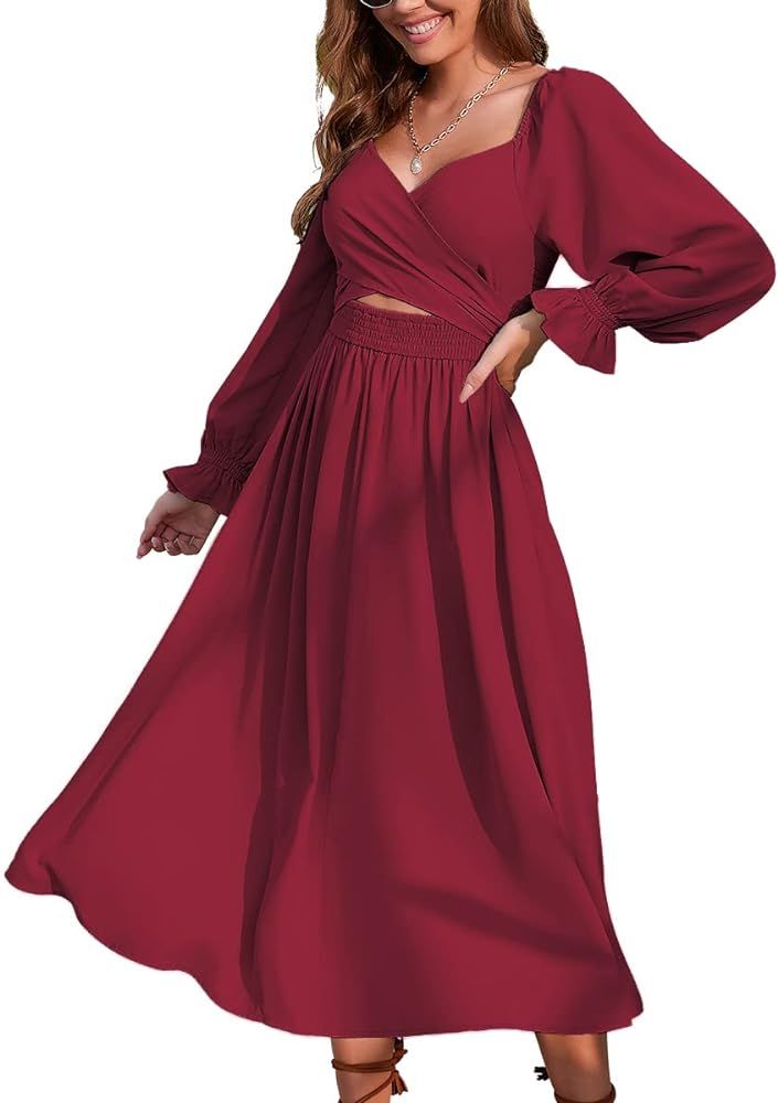 Women Tie Back Long Puff Sleeve Dress Sage Ruffle Wrap Reversible Flowy Casual Midi Dress with Po... | Amazon (US)