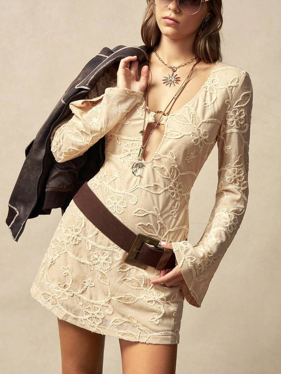 Bohemela Casual Vacation Knit Sequin Textured Fabric Flare Long Sleeve V-Neck Mini Dress For Women | SHEIN