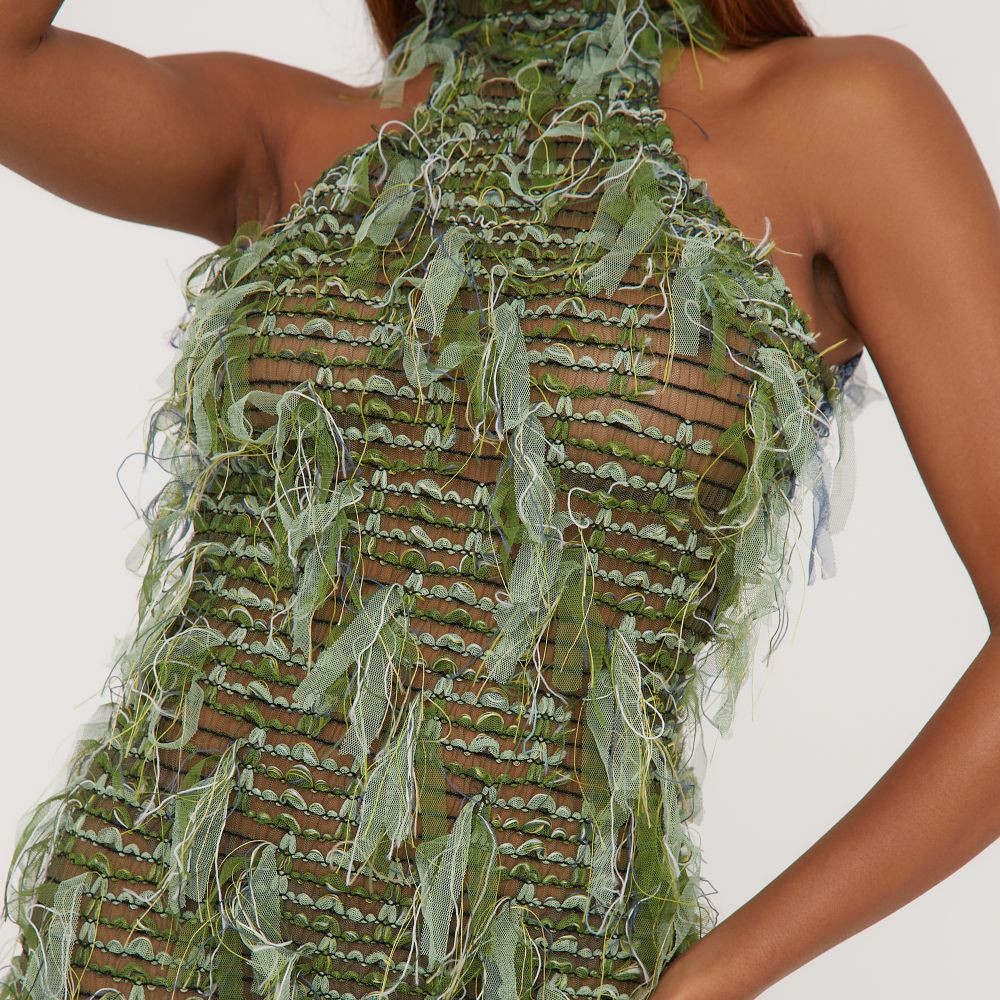 Halterneck Open Back Detail Textured Midaxi Dress In Green Woven | EGO (UK)
