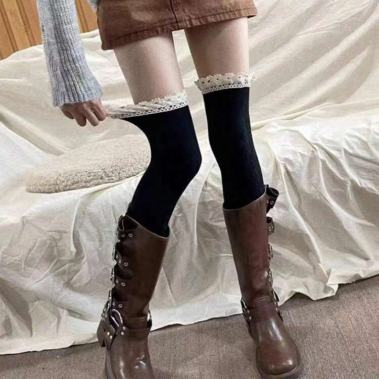 1 Pair Of Knee-High Socks For Autumn And Winter With Solid Color, Bowknot And Lace Trim Design Fo... | SHEIN