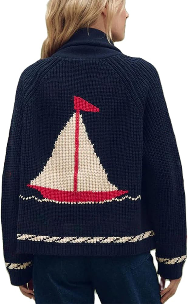 Women Shawl Collar Cardigan Sweater Lobster Print Long Sleeve Button Down Jumper Tops Vintage Chu... | Amazon (US)