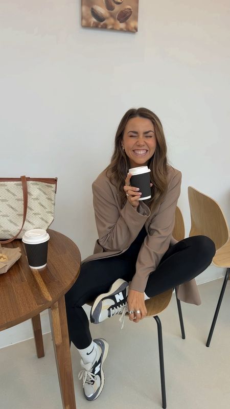 Coffee date outfit inspo, styling new balance trainers with an oversized camel blazer and cute tote bag! 

#LTKSeasonal #LTKSpringSale