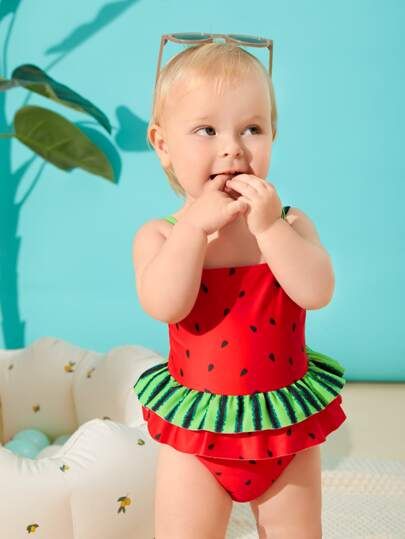 Baby Girl Watermelon Print Ruffle Trim One Piece Swimsuit SKU: sa2202122661494116(100+ Reviews)$6... | SHEIN