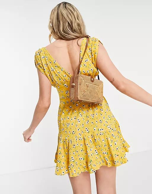 ASOS DESIGN shirred waist button front tiered mini sundress in yellow floral print | ASOS (Global)