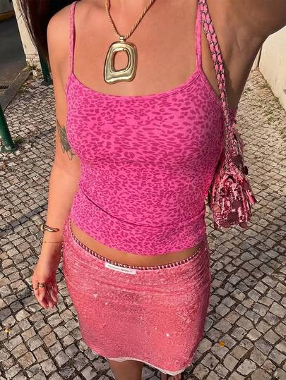 Women's Fashionable Pink Leopard Print Crew Neck Fitted Casual Vacation Sexy Camisole Top, Summer... | SHEIN