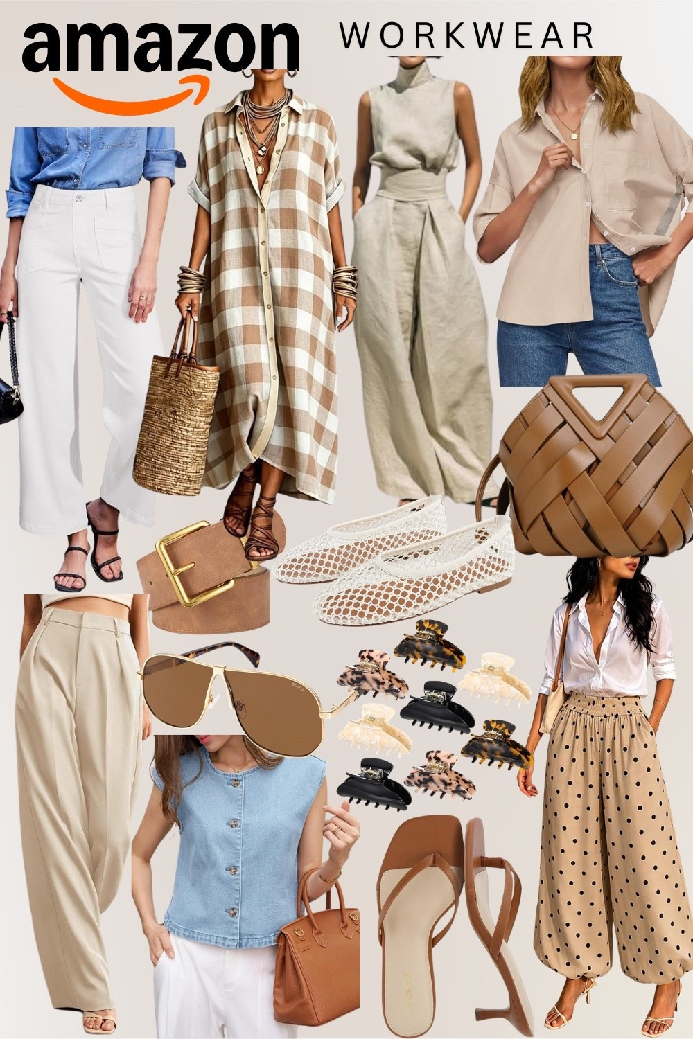 Amazon workwear that is giving quiet luxury from head to toe! 🤍✨

Gingham maxi dress, linen wide leg trousers, oversized button shirt, polka dot wide leg pants, mesh ballet flats, woven leather bag, brown structured tote, tan belt, claw clips and aviator sunglasses — all from Amazon and all looking like they cost significantly more! This is how you build an elevated work wardrobe without the designer price tag 👌🏻

Every piece is linked in my LTK — save this and tap below to shop 👇🏻

#LTKFinds #LTKStyleTip #LTKunder100 #AmazonFashion #AmazonFinds 
#teacher outfit inspo #teacher fashion #AmazonWorkwear #WorkwearStyle #OfficeOutfit #BusinessCasual #QuietLuxury #ElevatedStyle #NeutralStyle #WorkOOTD #OfficeStyle #WideLegPants ￼#HighWaistedPants #TailoredPants #MeshBallettFlats #AmazonFashionFinds #DesignerLookforLess #AffordableFashion

#LTKWorkwear #LTKmomlife #LTKOver40 #LTKWorkwear