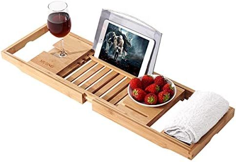 Bathtub Caddy Tray Bamboo, Extendable Bath Tray for Tub with Tablet Stand Wine Glass Holder Cellp... | Amazon (US)