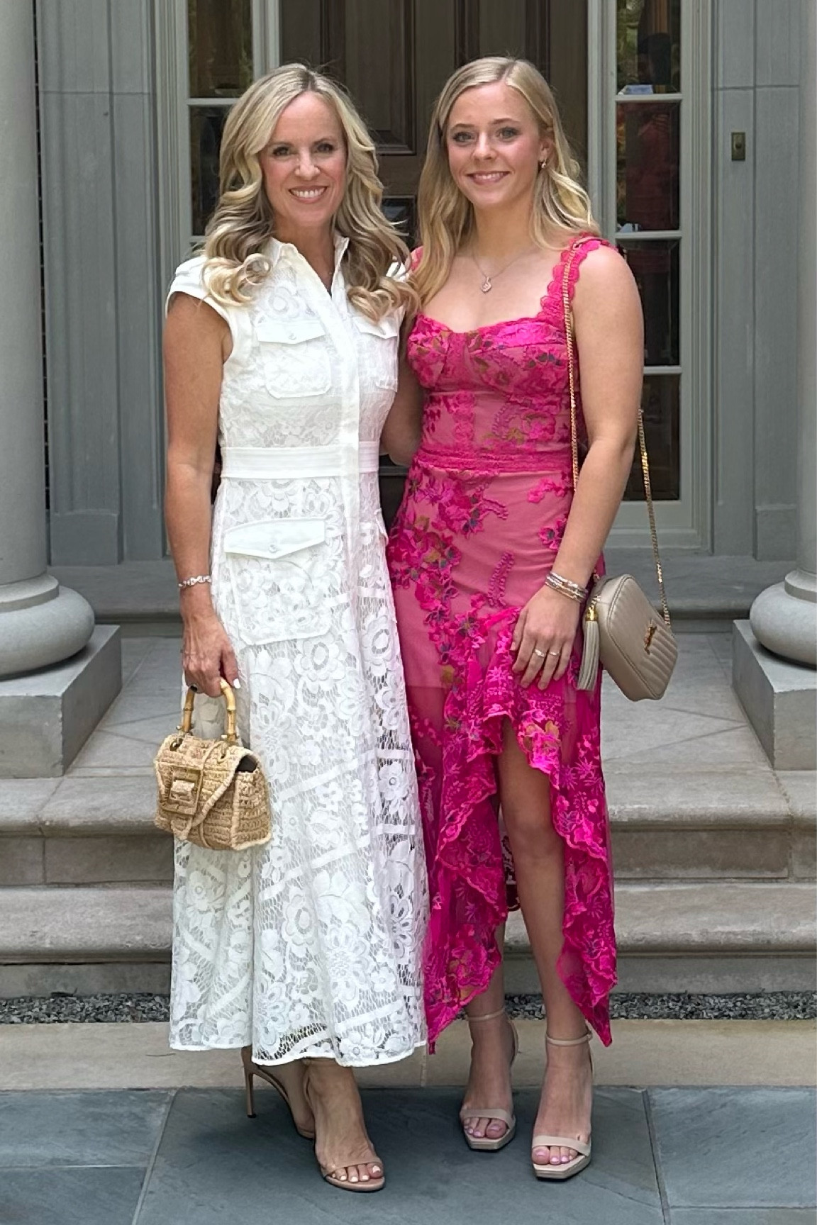 Beautiful luncheon dresses 
Karen Millen White lace maxi dress 
Bronx and Banco hot pink floral embroidered mesh dress with high low hem
Pamela Munson Avis bag
YSL beige quilted bag 

#LTKSeasonal #LTKstyletip #LTKitbag