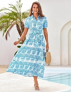 GRACE KARIN Women's 2025 Summer Floral Flowy Dresses Boho Tie Belt Short Puff Sleeve A Line Maxi ... | Amazon (US)