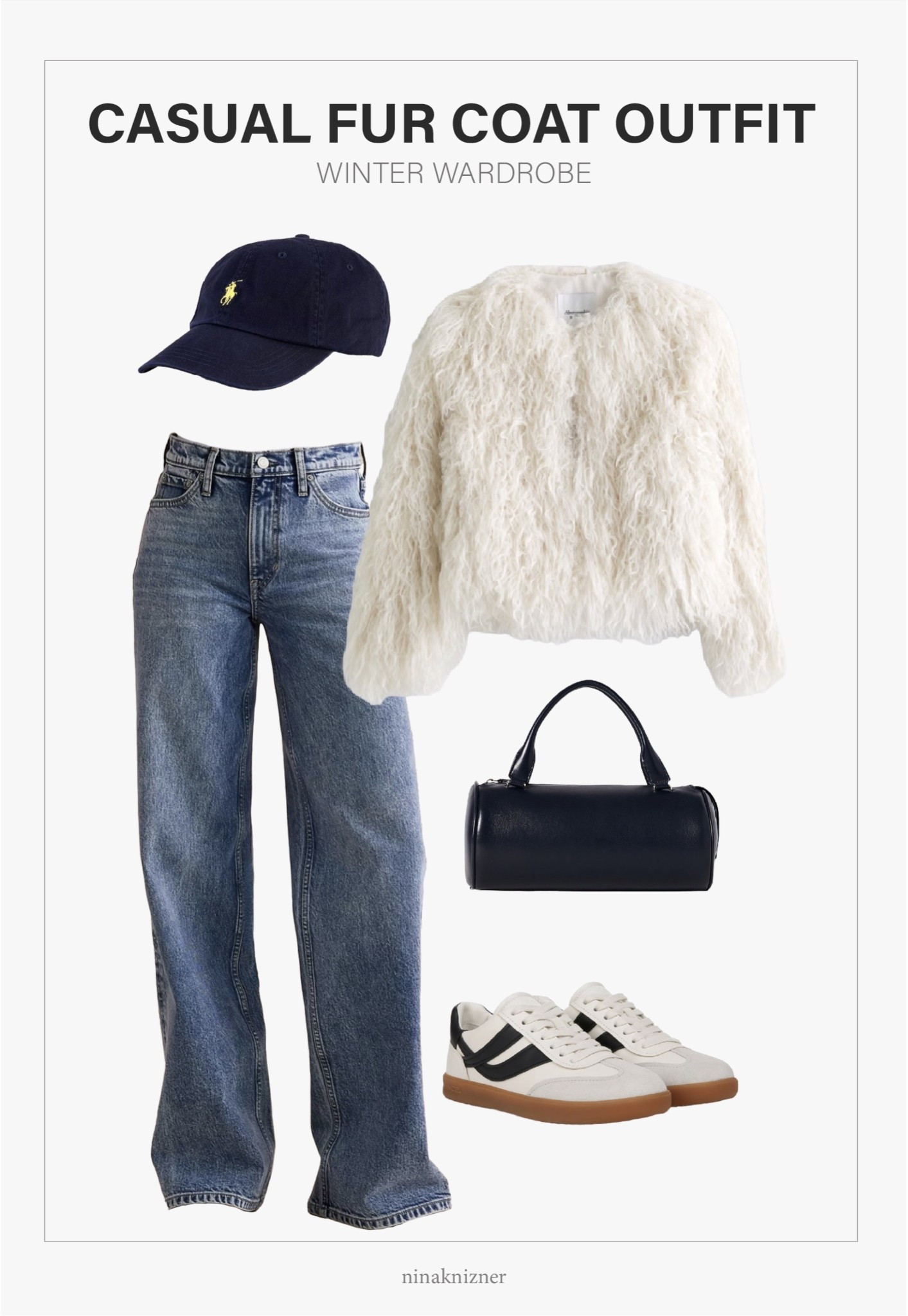 - Polo Chino Baseball Cap in Navy
- Banana Republic the Icon Classic Wide-Leg Jean in Light Wash 
- Abercrombie Collarless
Short Faux Fur Coat in
Cream
- The Row Edith Bag in Ocean Black
- Vince Oasis Sneakers in Milk/Nightblue 

 #jacket #coat #winter #warm
#coldeweather #vegan #faux #fur  #cream #leather #bag #tophandle #jeans #wideleg #sneakers #vince #sambas #polo #baseball #cap #navy #winteroutfitswomen


#LTKootd #LTKSeasonal #LTKBeauty #LTKActive