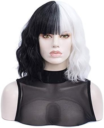 White and Black Wig | Morticia Short Curly Women Bob Wig Full Bang Wavy Texure Heat Resistant Syn... | Amazon (US)