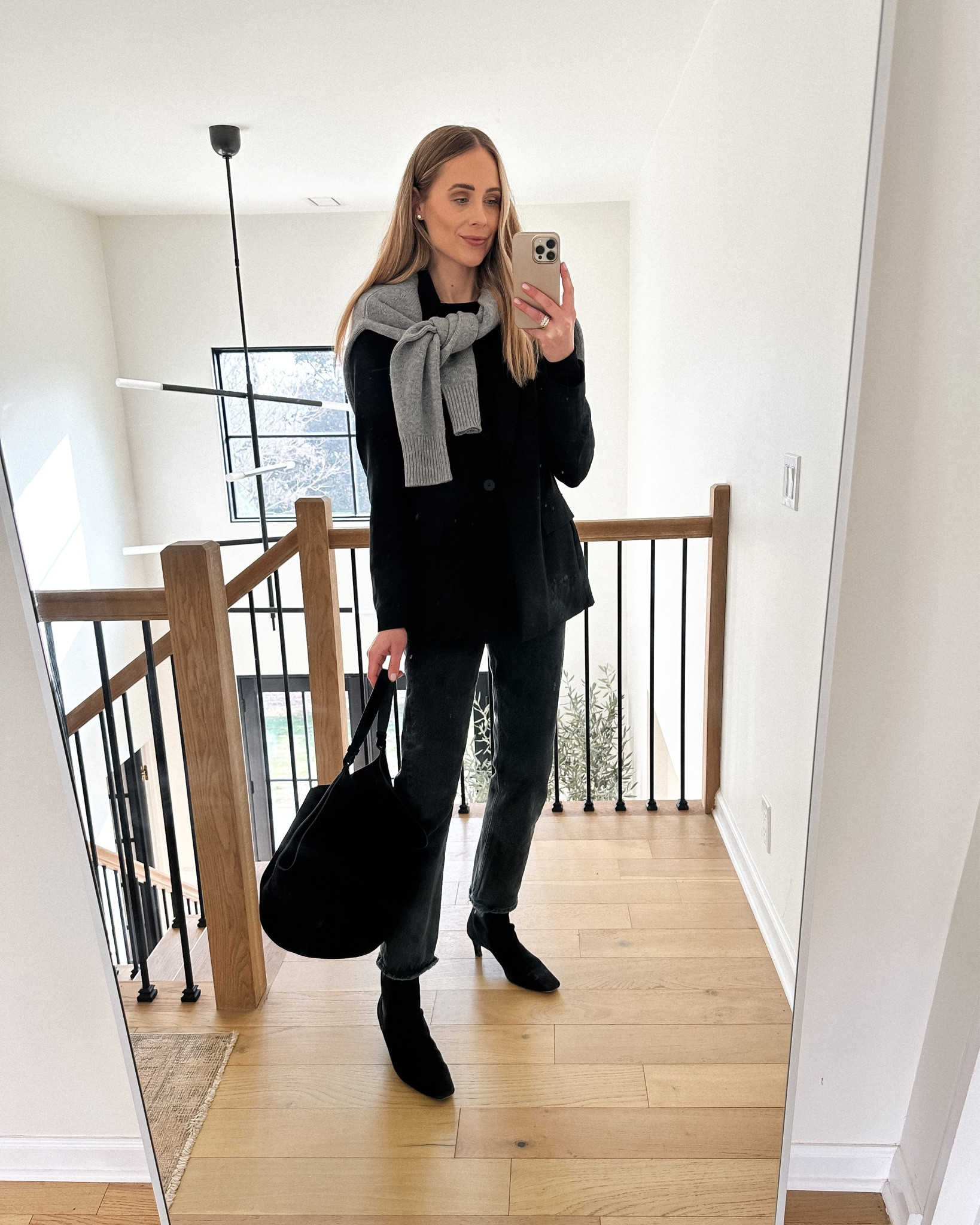 Fashion Jackson Wearing Black Blazer Outfit AGOLDE Black Jeans Toteme Black Ankle Boots Grey Sweater Khaite Black Suede Lotus Handbag Fall Outfit Business Casual Outfit Winter Outfit #fashionjackson #dailyoutfit #booties #blazer #workwear 

#LTKSeasonal #LTKstyletip #LTKshoecrush