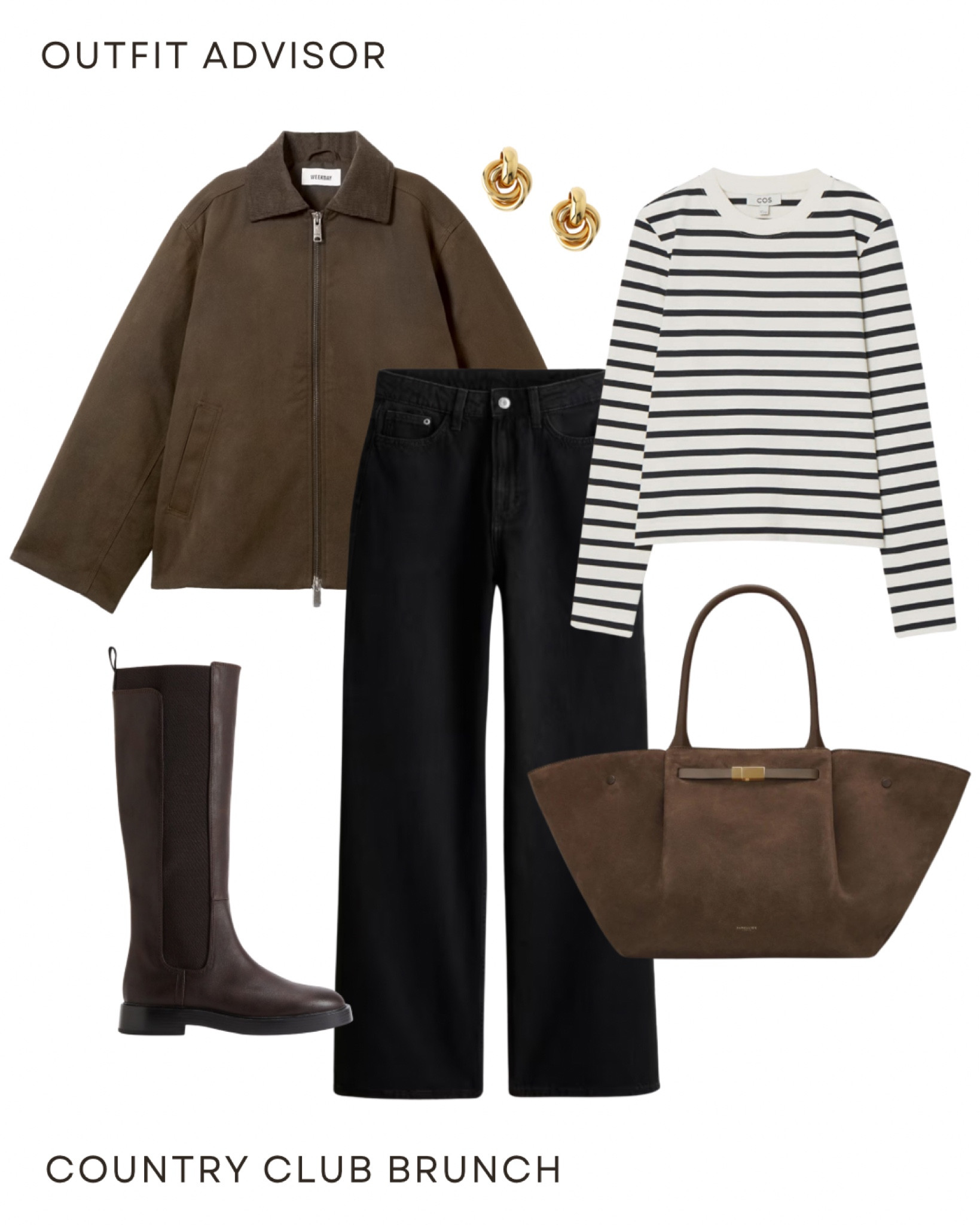 Country club outfit inspiration: a brown Weekday jacket, long sleeve striped shirt, black jeans, brown knee high boots, a brown suede Demellier bag and gold earrings 

#LTKstyletip #LTKautumn #LTKshoes