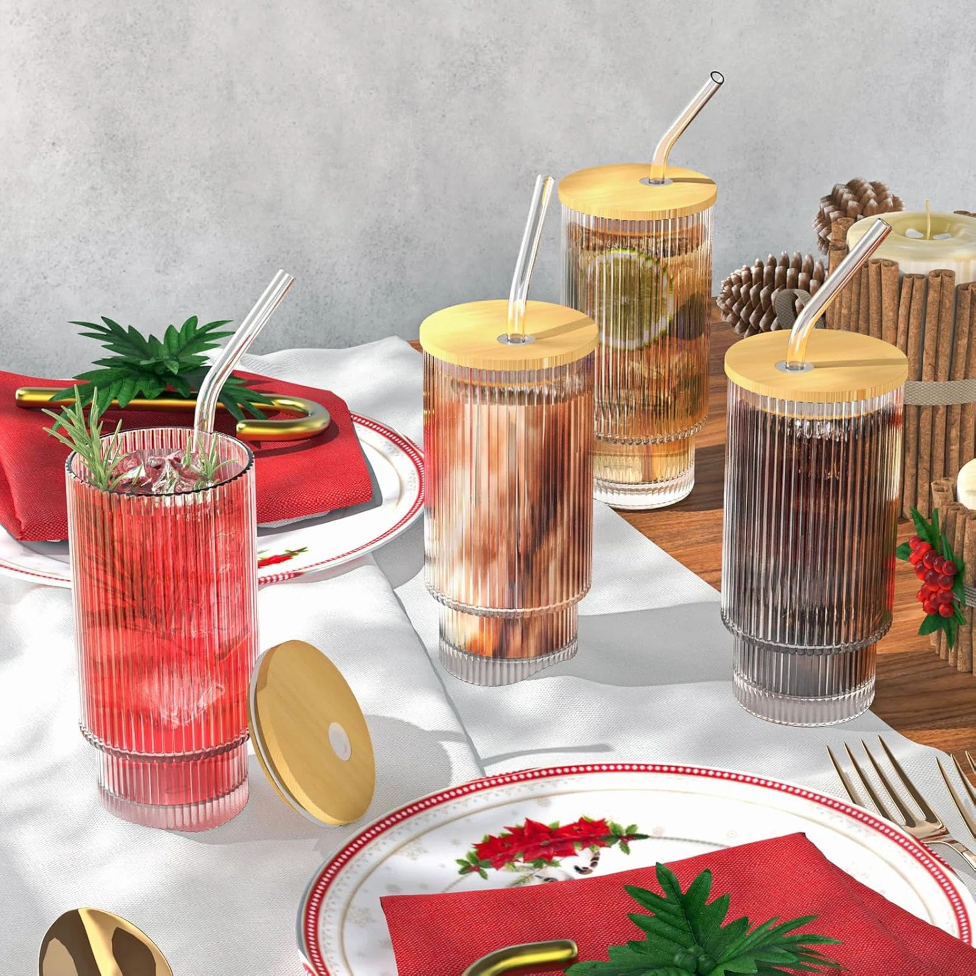 Glass Cups With Lid And Straw 4 Set | Wayfair North America