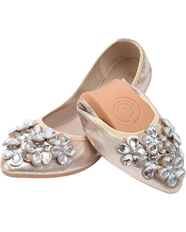 KUNWFNIX Women Ballet Flats Rhinestone Wedding Ballerina Shoes Foldable Sparkly Comfort Slip on F... | Amazon (US)