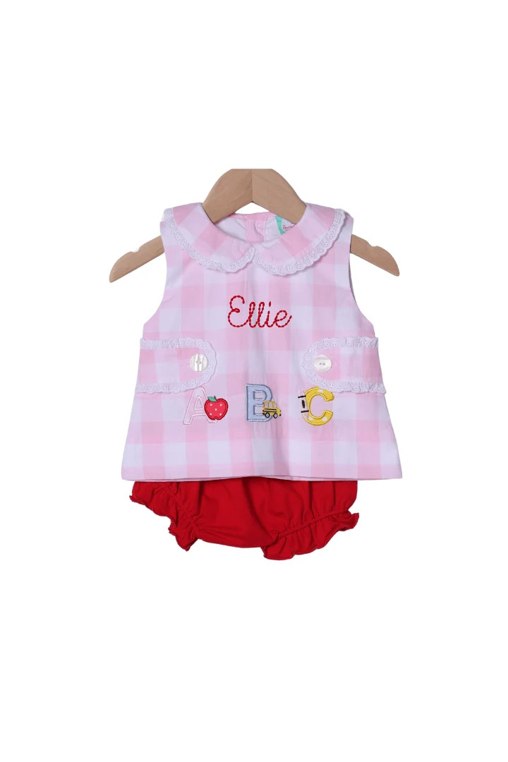 Applique ABC Pink Buffalo Check Bloomer Set | The Smocked Flamingo