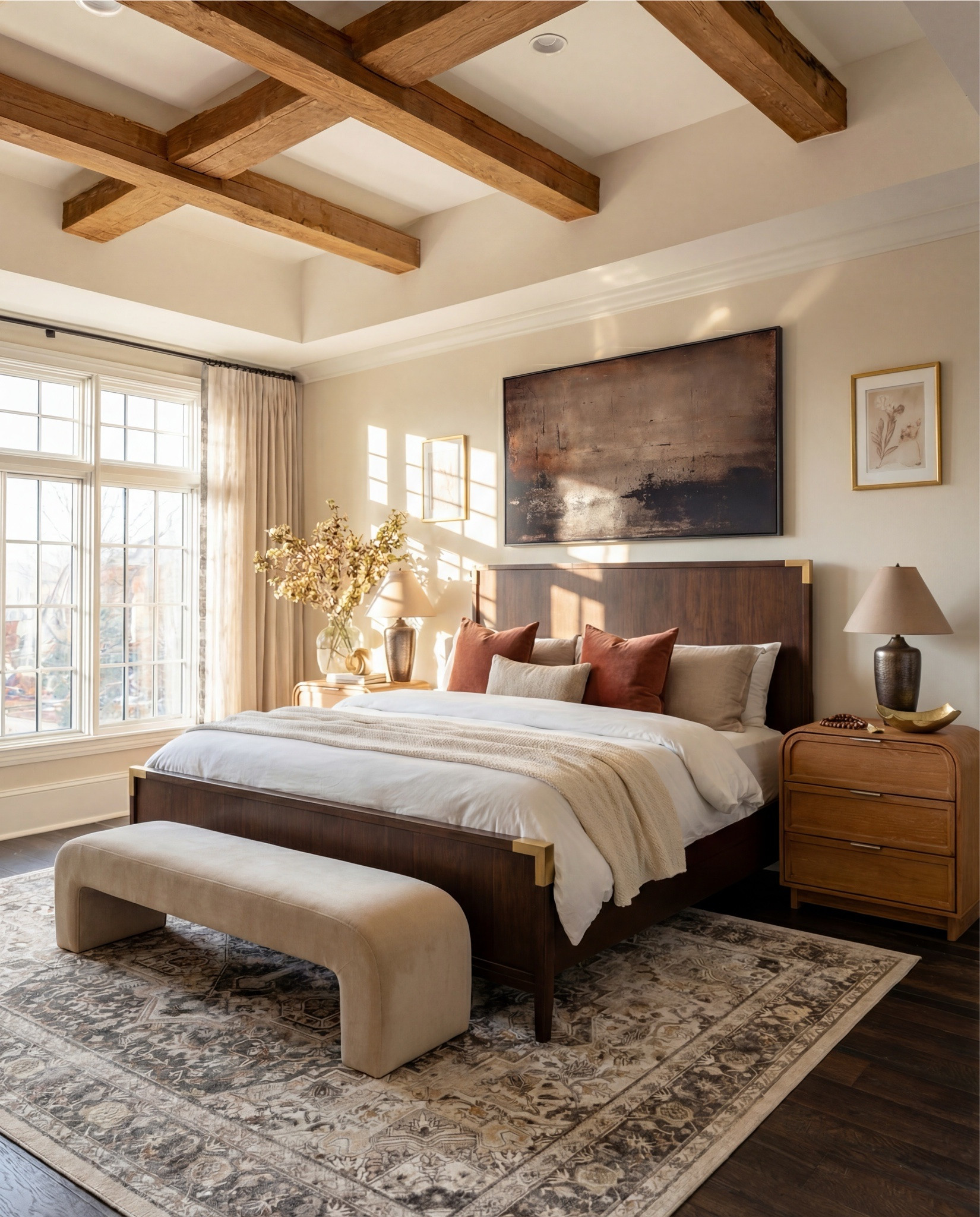 Bedroom Refresh : Shop The Look.
This bedroom is giving warm, elevated serenity in the best possible way. The moment you walk in, the soft neutrals and rich wood tones set the mood—calm, grounded, and effortlessly luxurious. The exposed ceiling beams add that architectural depth everyone dreams of, while the oversized abstract art brings a modern edge that balances the warmth.

The bed styling is the star here—layered creams, rust-toned pillows, and a textured throw that makes the whole setup feel intentionally cozy. And the curved bench at the foot of the bed? It softens the room perfectly, adding that quiet-luxury moment without trying too hard.

The nightstands are styled just right—warm wood, sculptural lamps, and subtle art pieces that keep everything feeling refined and collected.

Shop the Look:
• Walnut + brass-detail bed frame
• Curved upholstered bench (soft neutral)
• Rust + cream accent pillows
• Chunky knit throw in warm ivory
• Oversized abstract wall art
• Wood nightstands with rounded edges
• Sculptural ceramic lamps
• Neutral vintage-style area rug
• Glass vase with dried florals#LTKFindsUnder100

#LTKSaleAlert #LTKHome