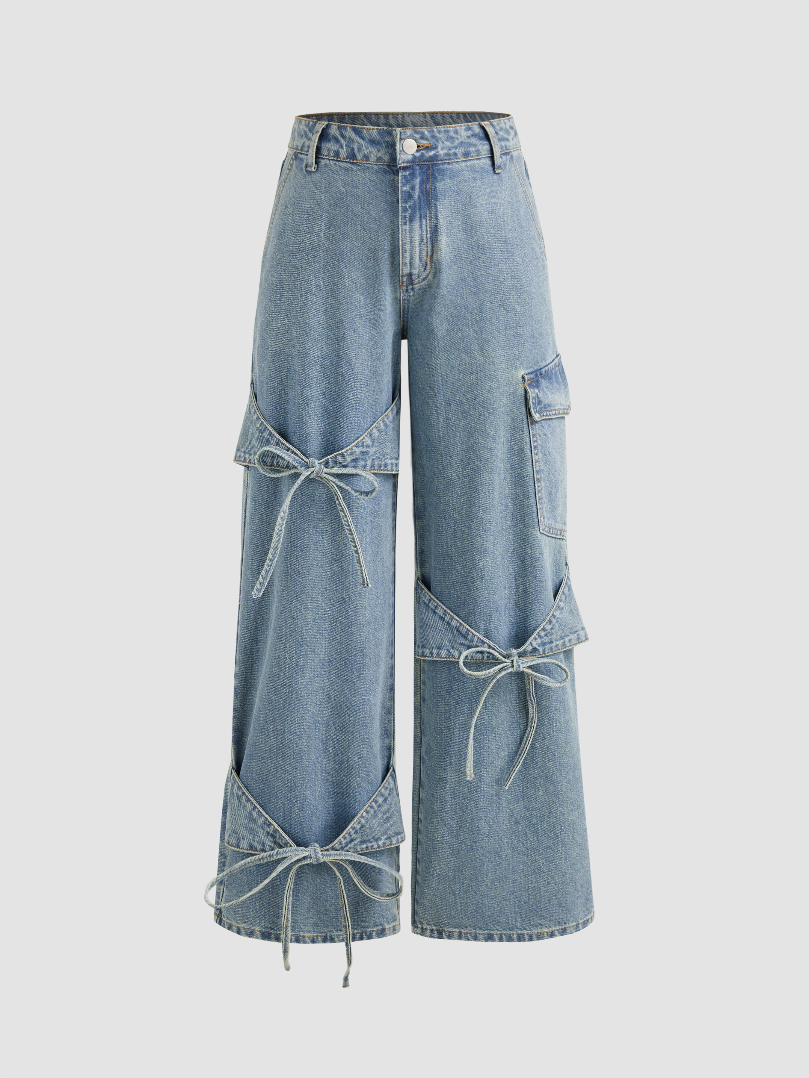 Bowknot Jeans Denim Cider Denim Low Rise Solid Bowknot Pocket Wide Leg Jeans For Daily Casual | Cider