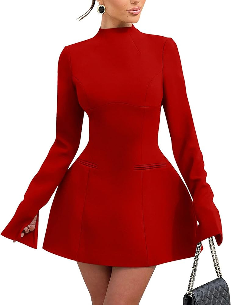 YMDUCH Women's Elegant Long Sleeve Mock Neck Backless A-line Party Mini Dress | Amazon (US)