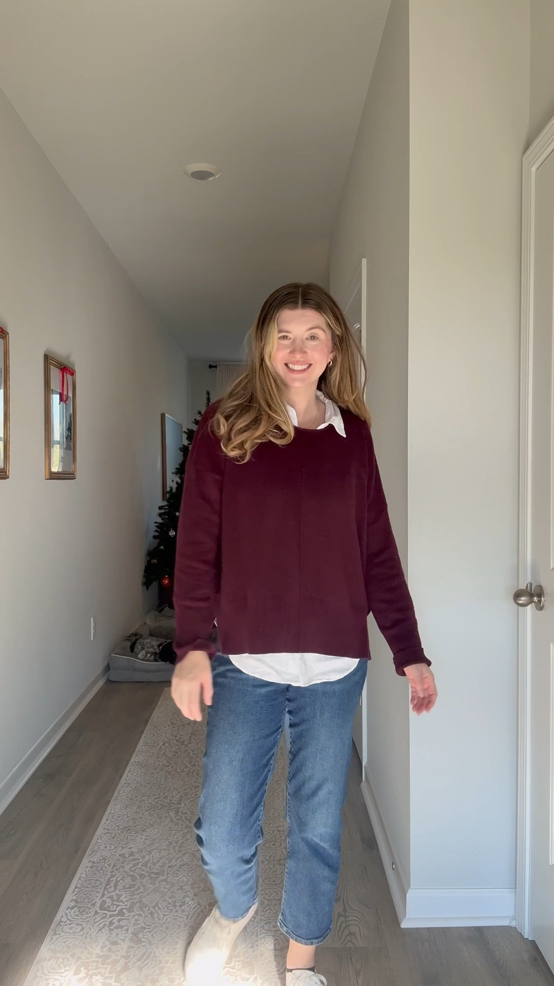 Casual Thanksgiving outfit idea 🤎 I love this burgundy sweater for fall. A white t shirt or button down under a sweater adds dimensions so it looks more put together but it’s still comfortable  

#LTKHoliday #LTKmomlife #LTKootd