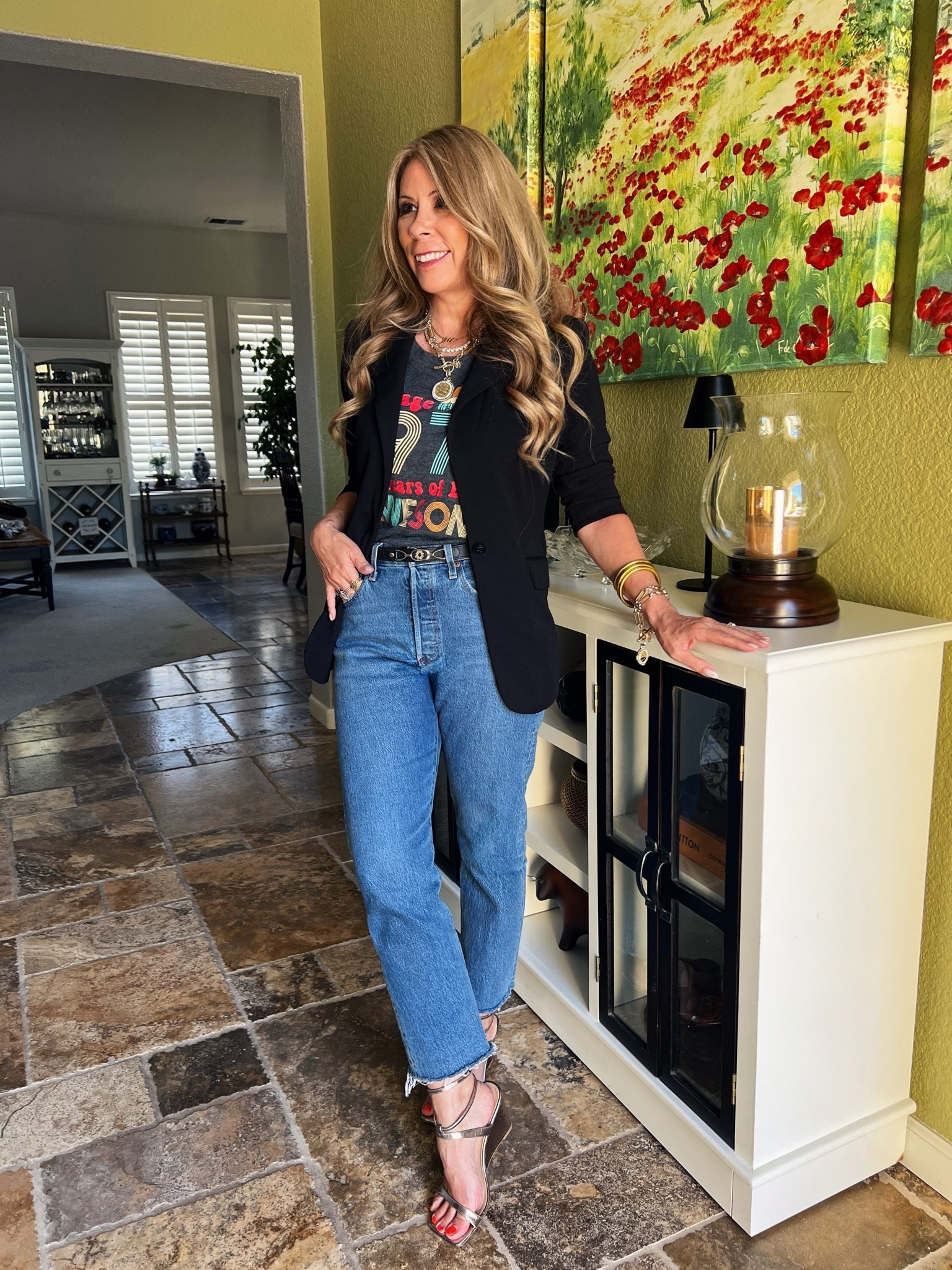 OOTN! ! Date night 

Easy, modern and perfect for curvy petites! 

If you haven’t tried the wedgie jeans you should! A cute graphic tee, metallic heels that tie in all statement chains and a blaze! 

Xo,
Jill 💋

#LTKootd #LTKOver40 #LTKPetite