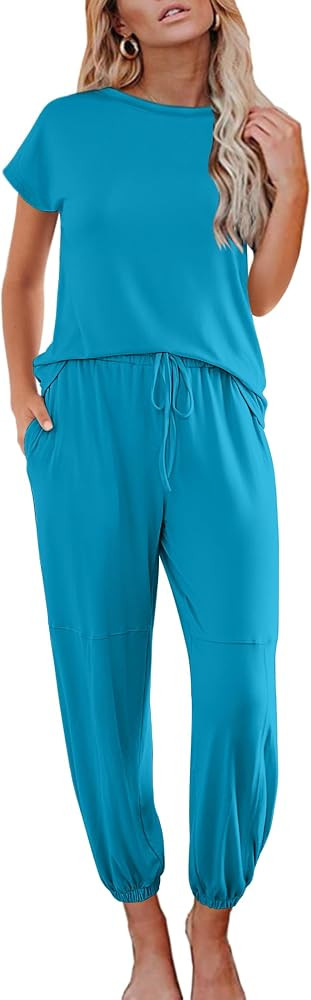Ekouaer Pajamas for Women 2 Piece Lounge Sets Cap Sleeve Loungewear Top with Joggers Pants S-XXL | Amazon (US)