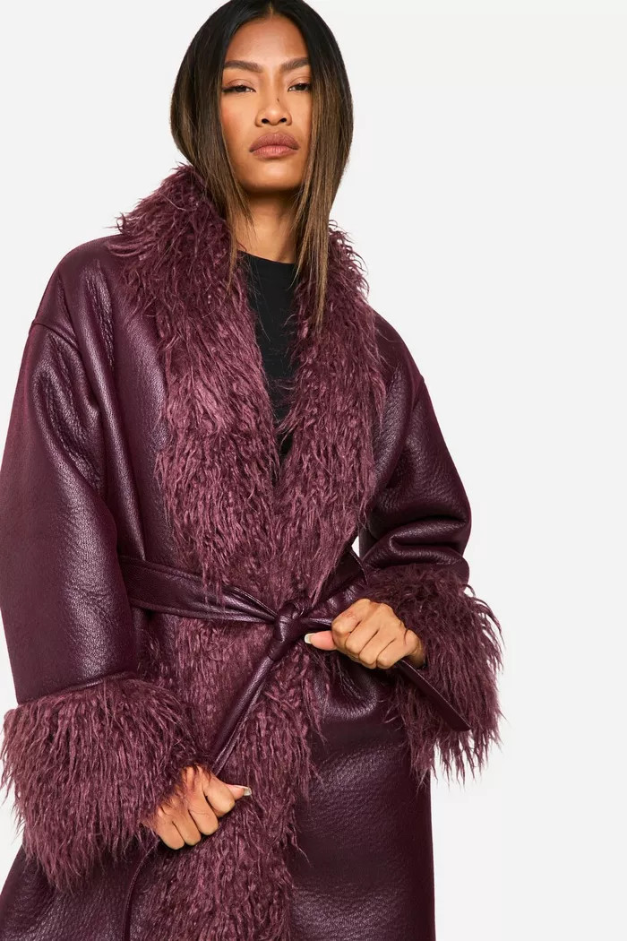 Faux Fur Trim Belted Coat | boohoo (US & Canada)