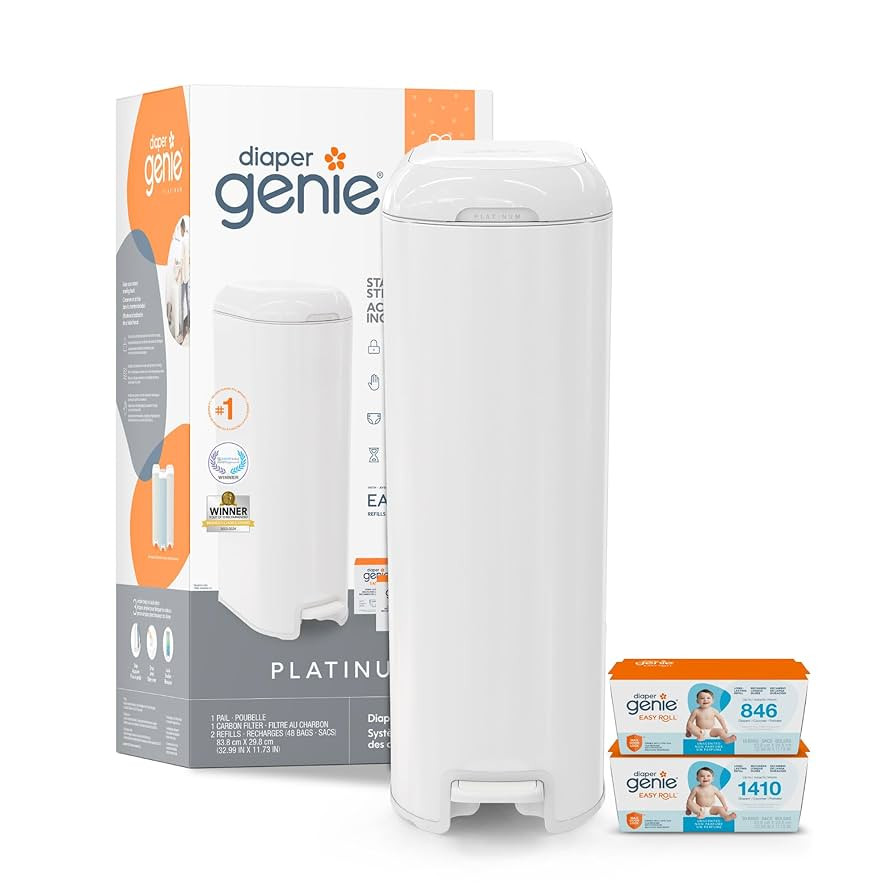 Diaper Genie Platinum Pail Gift Set, Lily White, Made of Durable Stainless Steel and Includes 2 E... | Amazon (US)