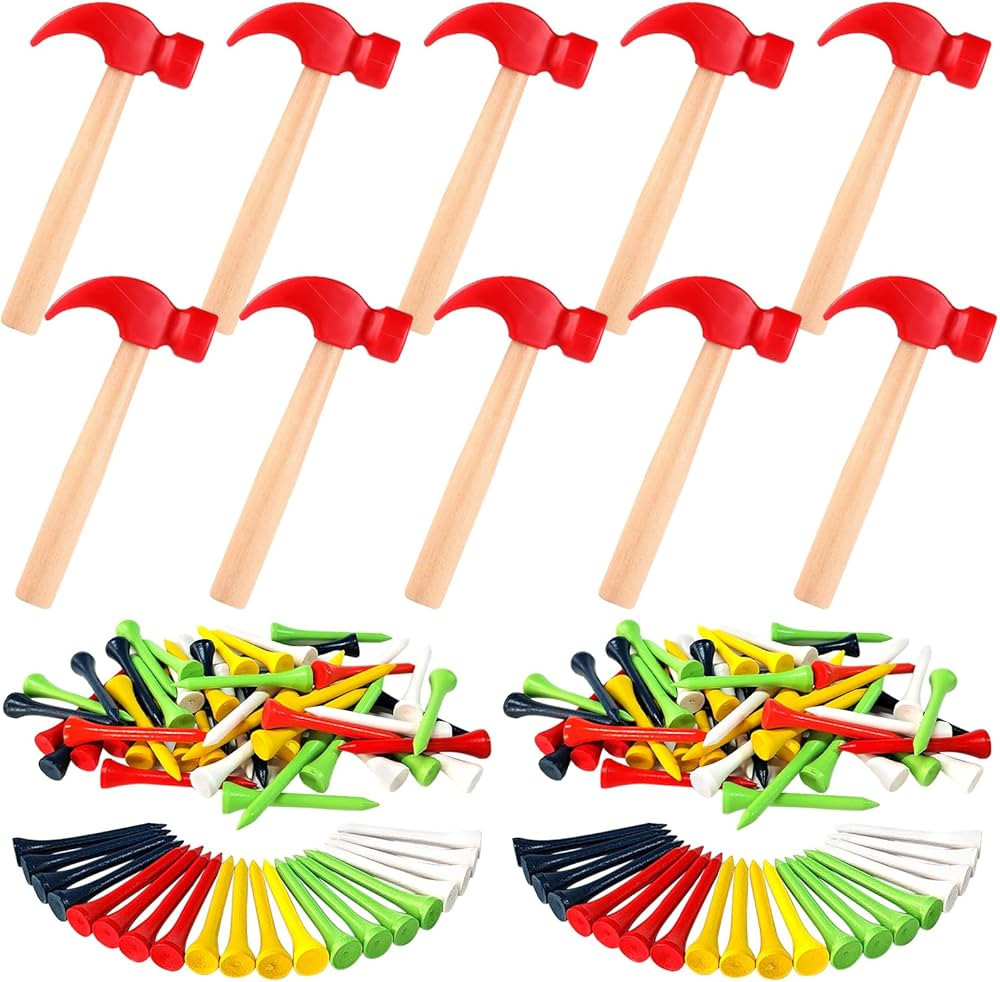 10 Pcs Kids Wooden Hammer Toy with 100 Pcs Colorful Wood Golf Tees, Small Plastic Hammer Simulati... | Amazon (US)