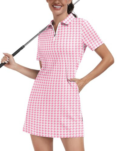 Soneven Tennis Dress for Womens Short Sleeve Golf Dresses with Pockets and Shorts Print Workout Athletic Dresses Pink Houndstooth | Amazon (US)