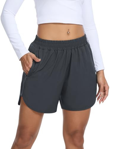 SILKWORLD Athletic Shorts for Women 2 in 1 High Waisted 5 Inch Running Short for Workout Gym with Zipper Pockets, Dark Grey, Large | Amazon (US)