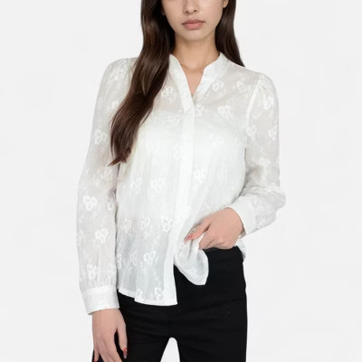 Anna-Kaci Women's Sheer Floral Long Sleeve Blouse with Mandarin Collar and Subtle Embroidered Detail - White, Small | Target