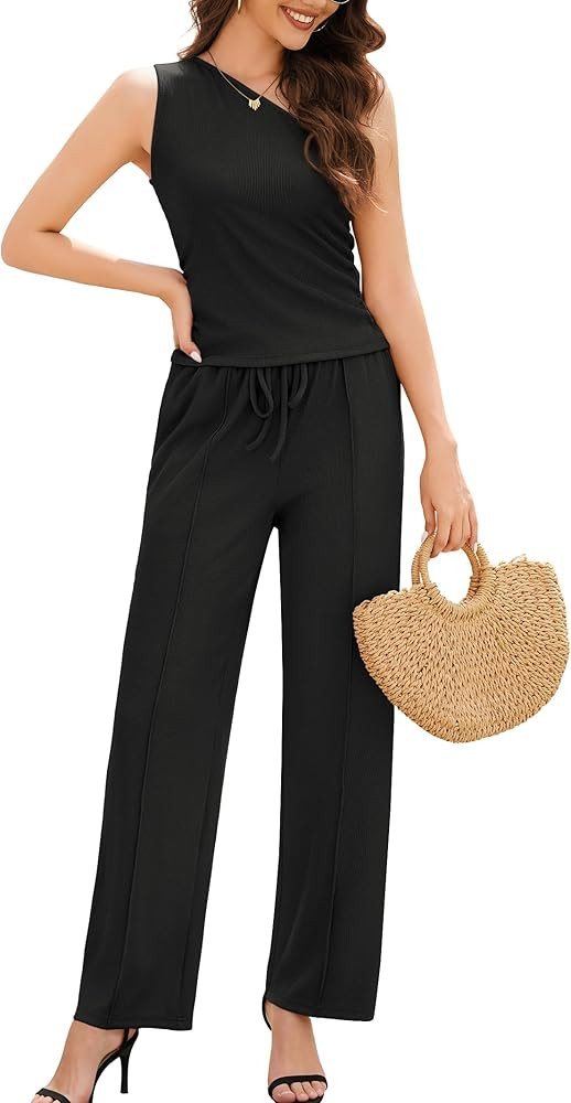 Casly Lamiit Women's Summer 2 Piece Outfits 2026 Sleeveless One Shoulder Top Wide Leg Pants Match... | Amazon (US)