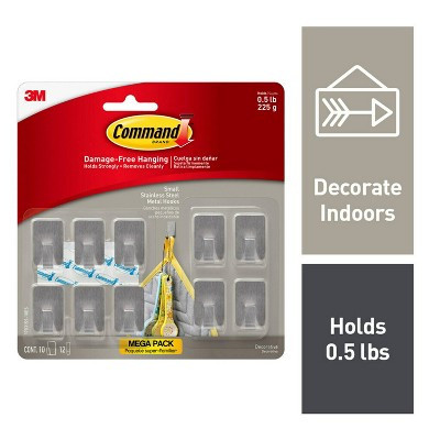 Command 10pk Small Stainless Steel Hooks: Adhesive Hat & Comando Hooks, 0.5 lb Capacity, Silver, Metal, 90-Day Warranty | Target