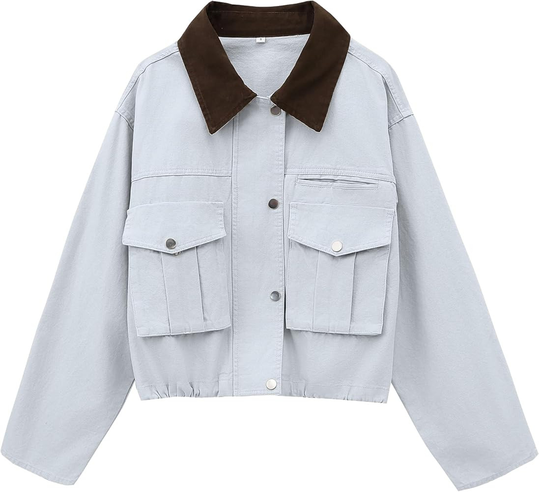 Womens Cropped Jacket Contrast Collar Utility Coat Cargo Jacket Barn Jacket Outwear with Pockets | Amazon (US)