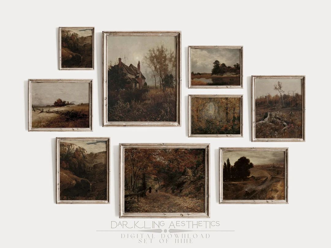 Set of 9 Fall Landscape Prints | Vintage Moody Autumn Dark Cottagecore Printable Gallery Wall Art... | Etsy (US)