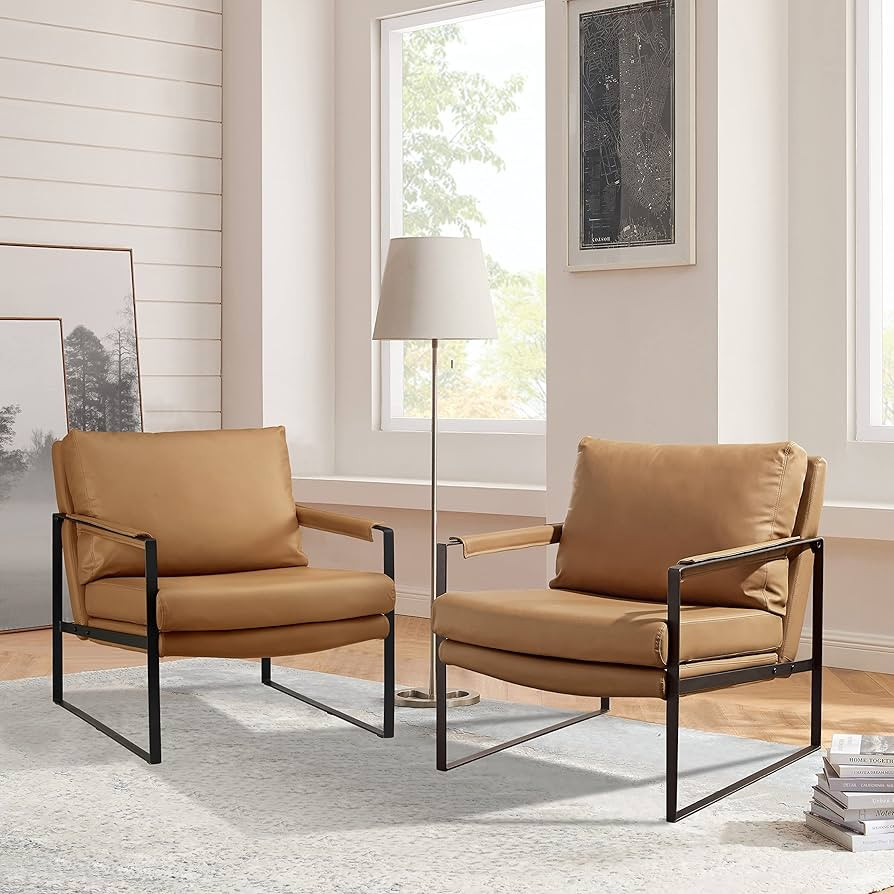 Art Leon Accent Chairs Set of 2, Mid Century Modern Genuine Leather Living Room Chair, Lounge Cha... | Amazon (US)