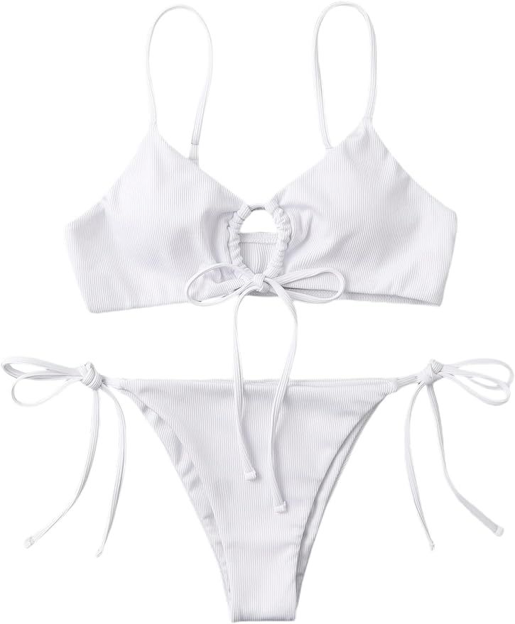 SheIn Women's Two Piece Ruched Knot Tie Side Bikini Swimsuit Set Strap Bathing Suit | Amazon (US)