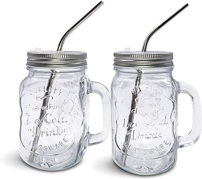 Mason Jar Mugs with Handle, Regular Mouth Colorful Lids with 2 Reusable Stainless Steel Straw, Se... | Amazon (US)
