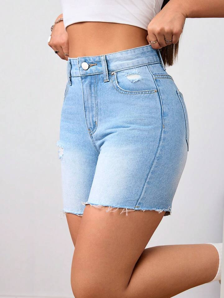 SHEIN Tall Women's Button Front Pocket Ripped Casual Denim Shorts | SHEIN