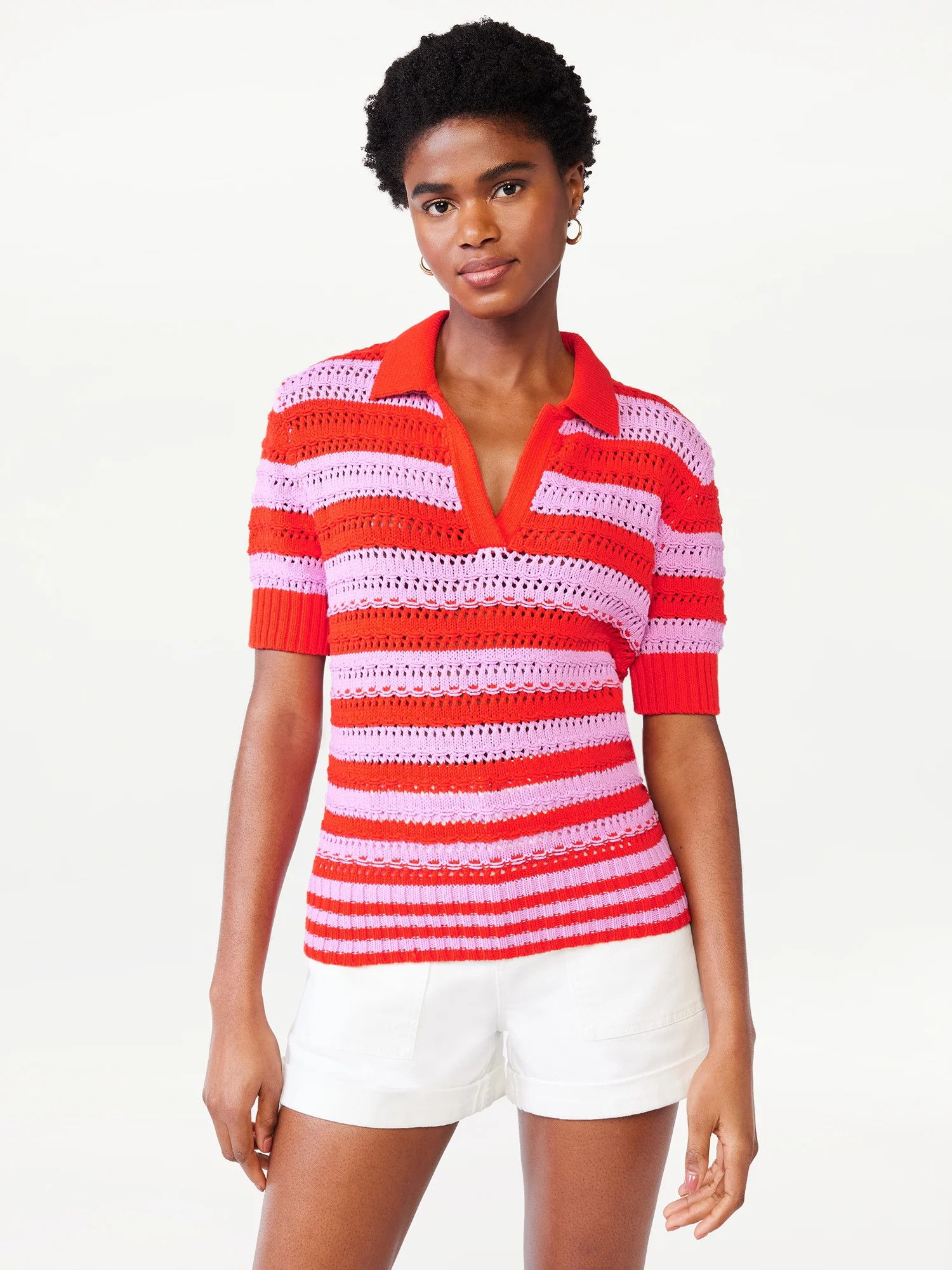 Scoop Women's Openwork Crochet Stripe Polo | Walmart (US)