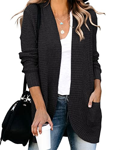 Saodimallsu Womens Loose Open Front Cardigan Long Sleeve Casual Lightweight Soft Knit Sweaters Coat with Pockets Black | Amazon (US)